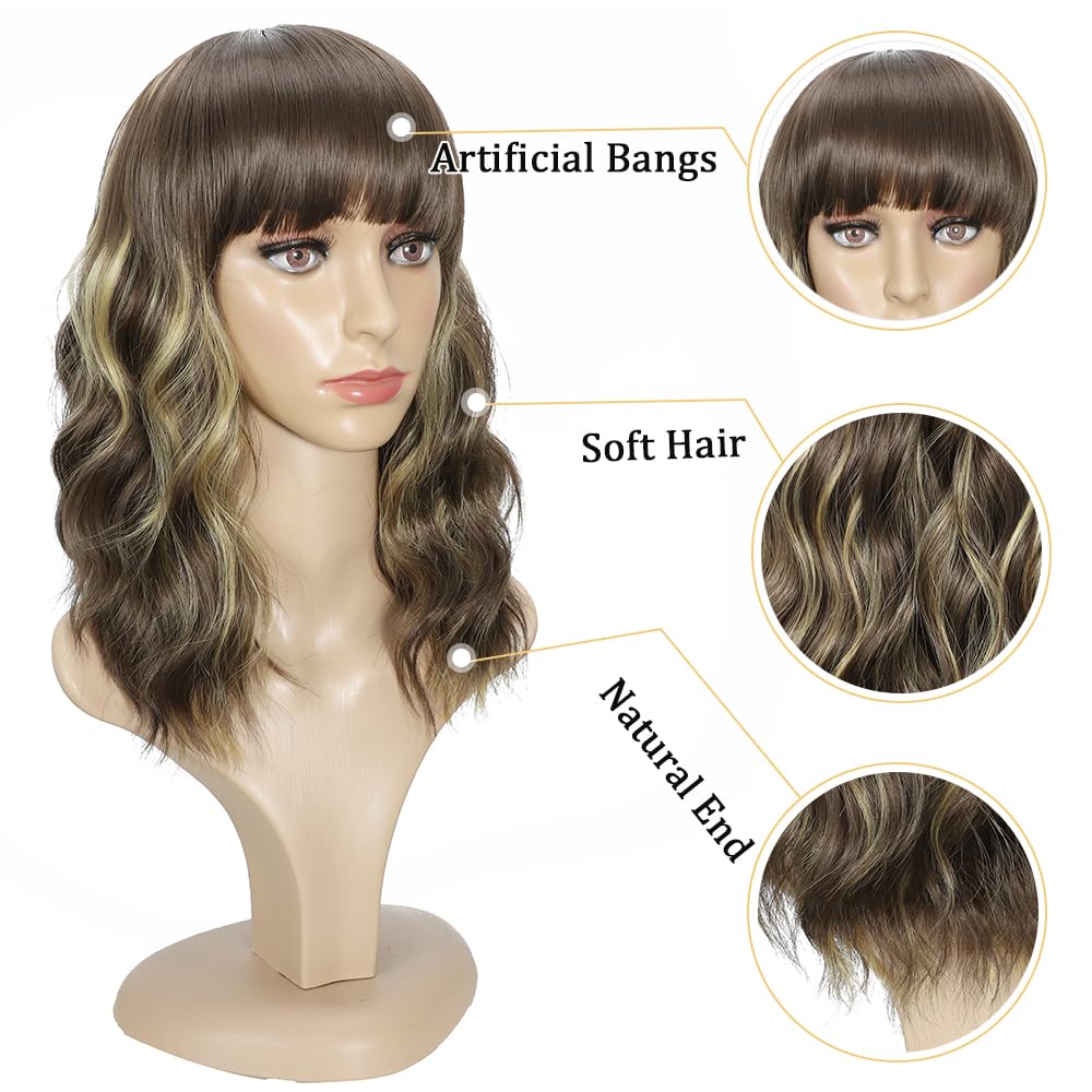 Black Mixed Brown Wig for Black Women Short Wavy Curly Bob Wig with Bangs