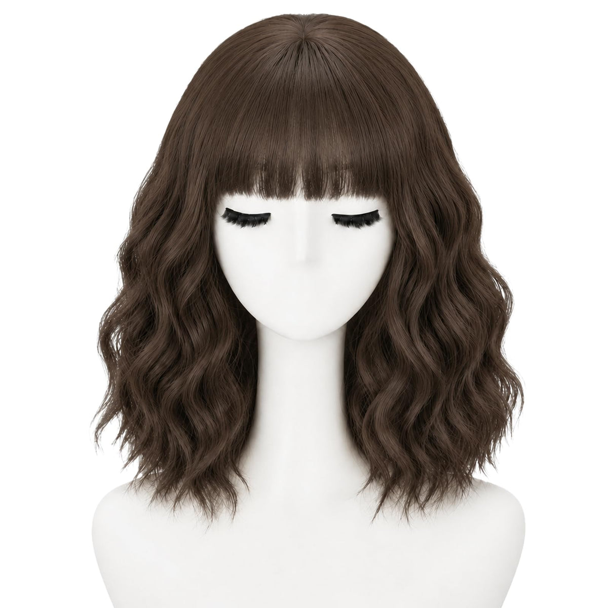 NOSTALGIA Wigs for Women, Short Wavy Bob Wig with Bangs, Trimmable Bangs, Shoulder Length, Black To Brown Heat Resistant Synthetic Wig for Daily Party Use, 14 Inch