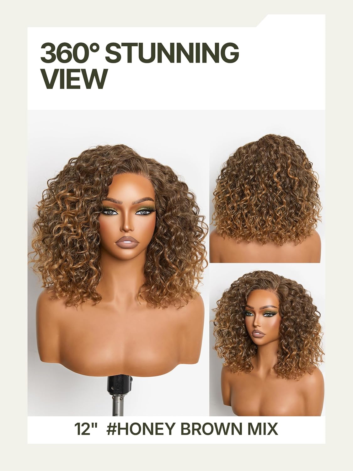 Frodio Curly Water Wave Glueless Wig 12'' Short Curly Wigs Honey Brown Mix