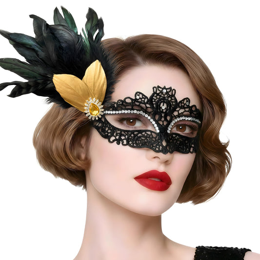 Black Lace Masquerade Mask for Women,1920s Venetian Feather Eye Mask with Gold Rhinestones for Mardi Gras Halloween