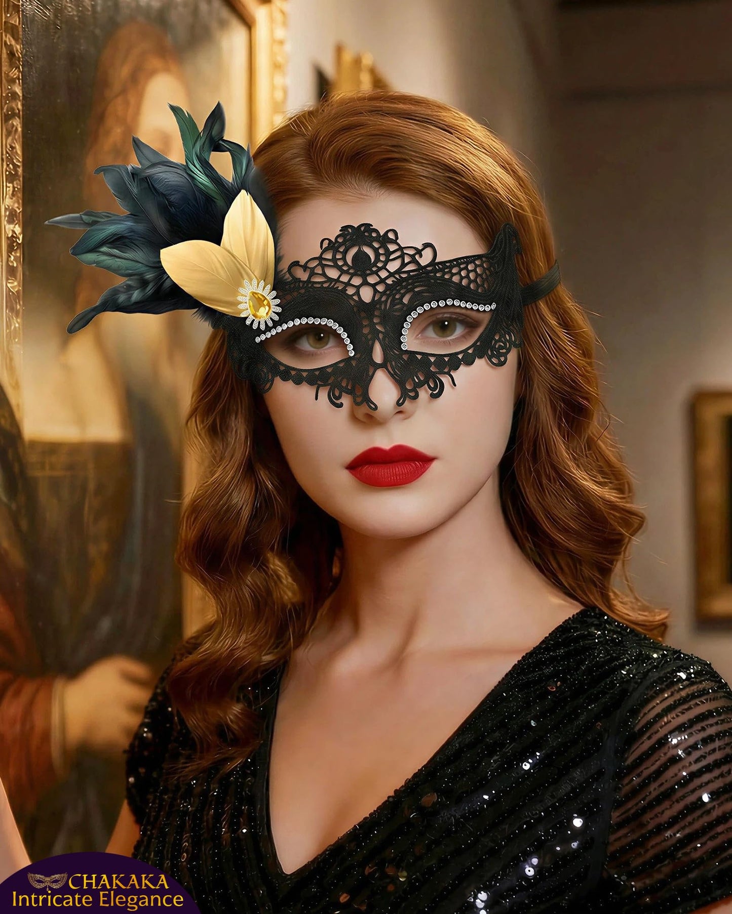 Black Lace Masquerade Mask for Women,1920s Venetian Feather Eye Mask with Gold Rhinestones for Mardi Gras Halloween