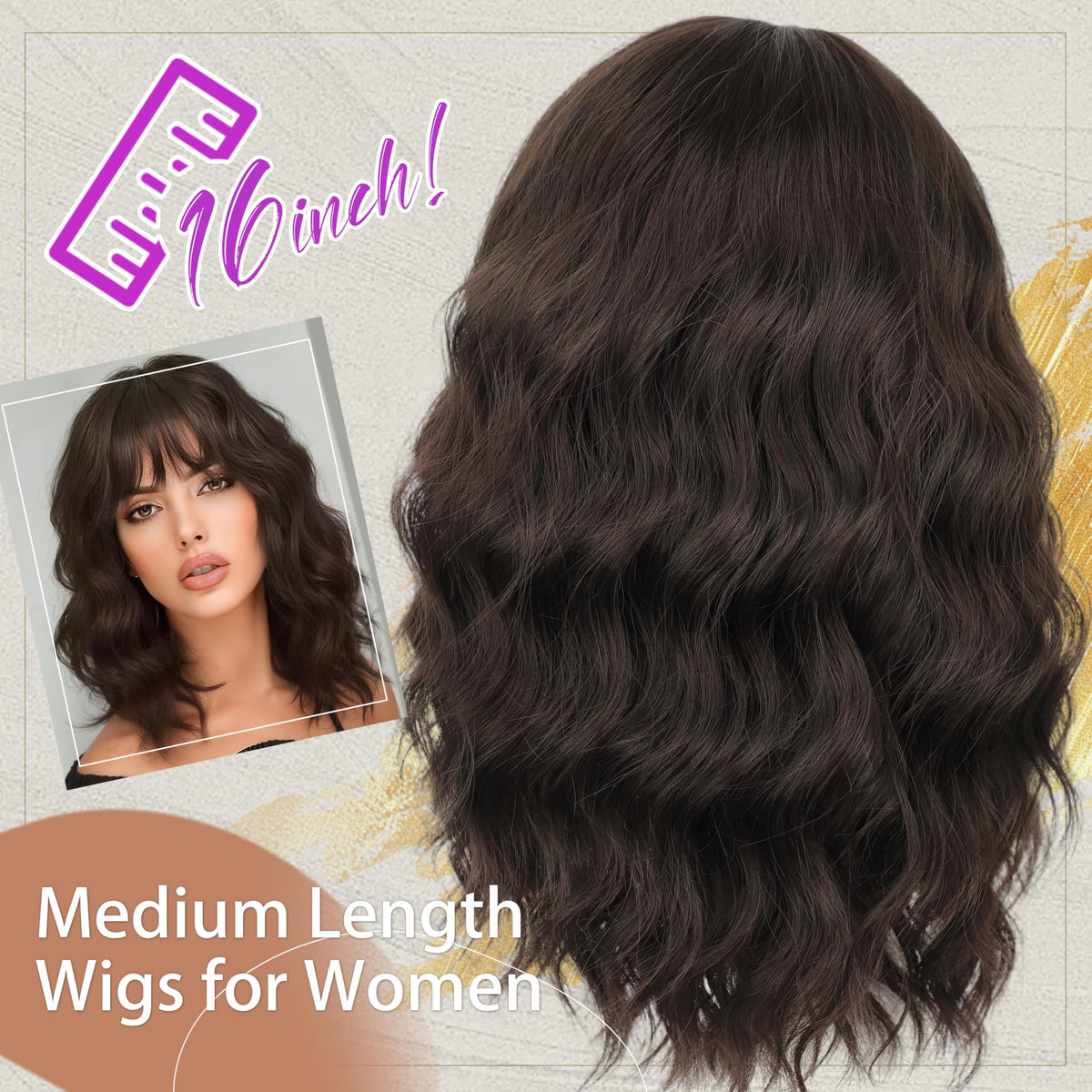 Nnzes Short Wavy Bob Wig with Bangs for Women Shoulder Length Curly Dark Brown with Purple Synthetic Heat-Resistant Fiber Hair for Daily & Party Use