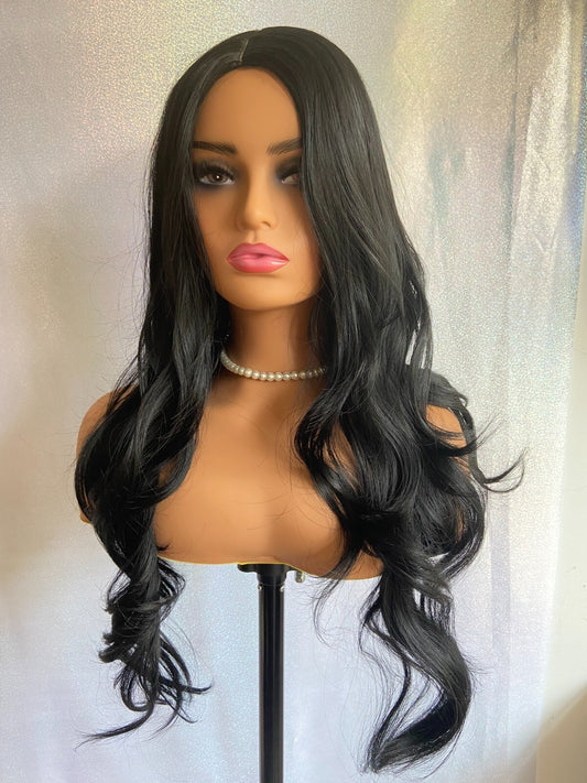 Long Natural Wavy Middle Part Black Human Hair Blend Heat Ok Wig WomenSoft Hair