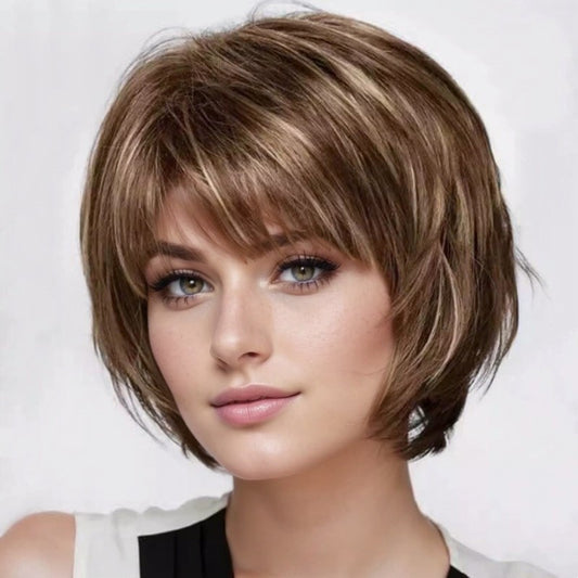 Fashion Women's Layered Short Brown Mix Blond Straight Natural Hair Wigs 10 Inch
