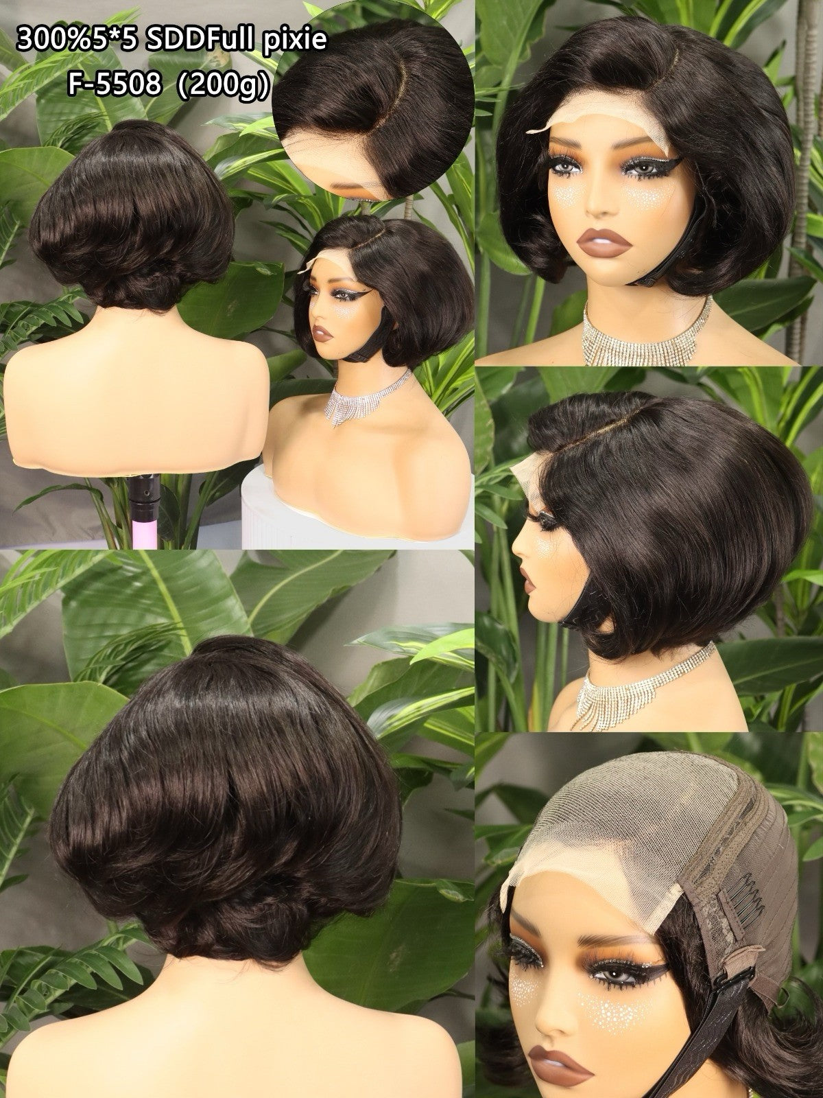 Pixie Wig 300% Density 5x5 SDD Lace Front Black Straight Free-Part 200g F-5508