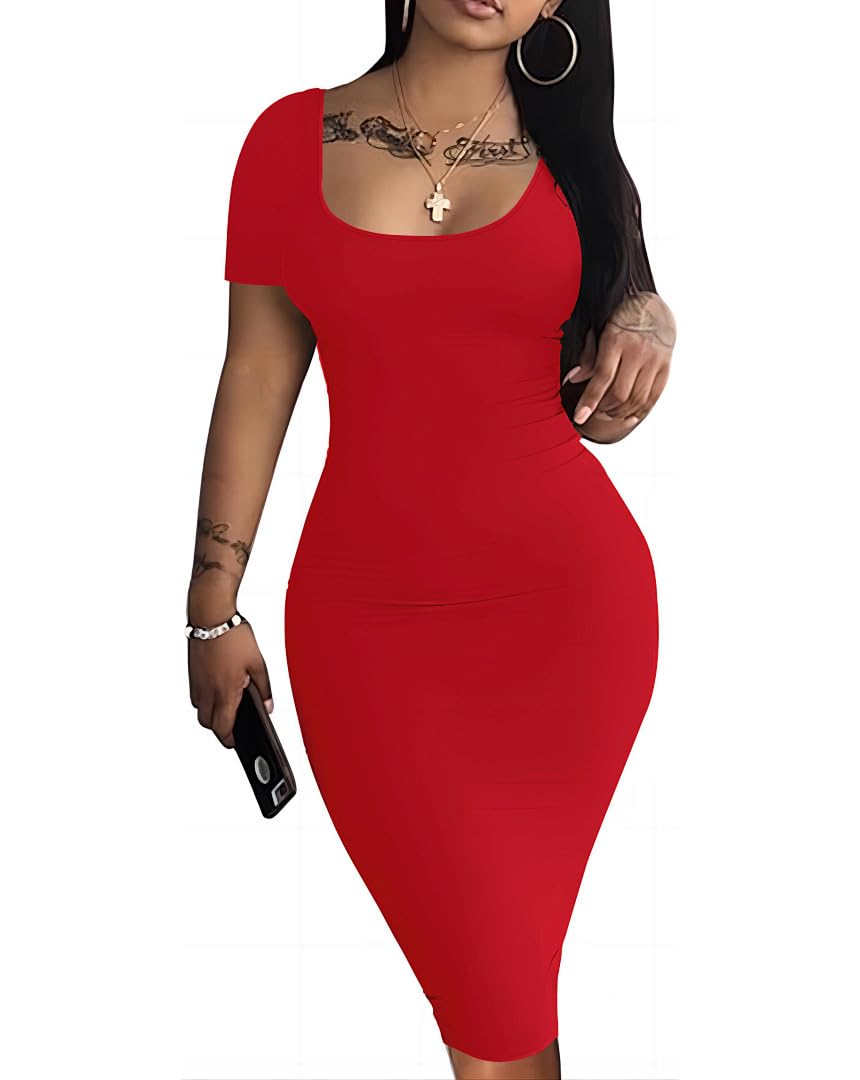 Nimsruc Womens Summer Casual Sexy Short Sleeve Bodycon Dress Basic Pencil Midi Club Dresses