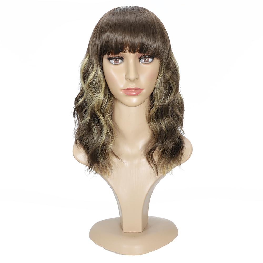 Black Mixed Brown Wig for Black Women Short Wavy Curly Bob Wig with Bangs