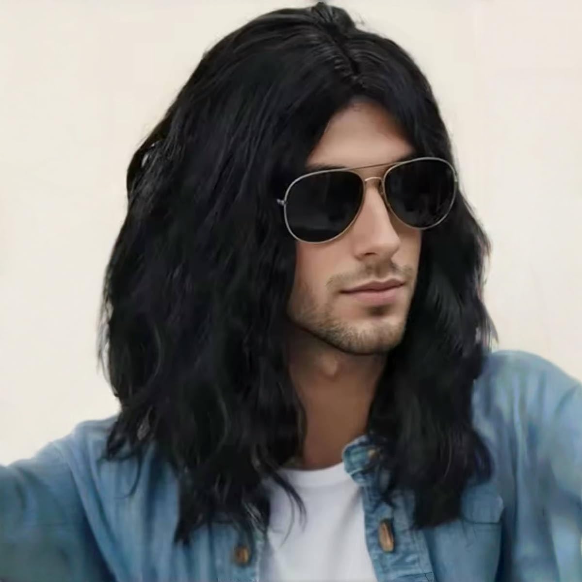 Mens Black Wig Long Curly Natural Hair Wig Layered Wavy for Daily Party Costume Cospaly Halloween