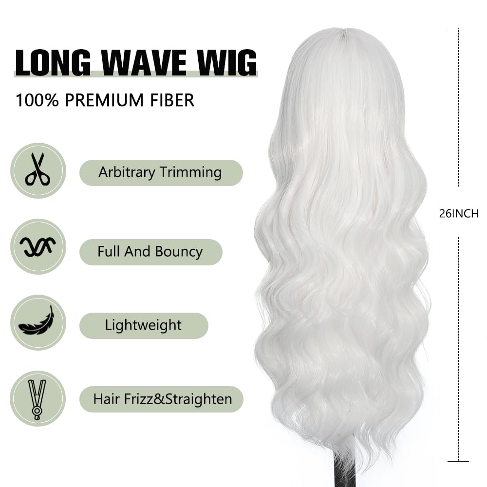 Black Wig with Bangs Long curly wavy Wigs for Women26In Synthetic Black Wig