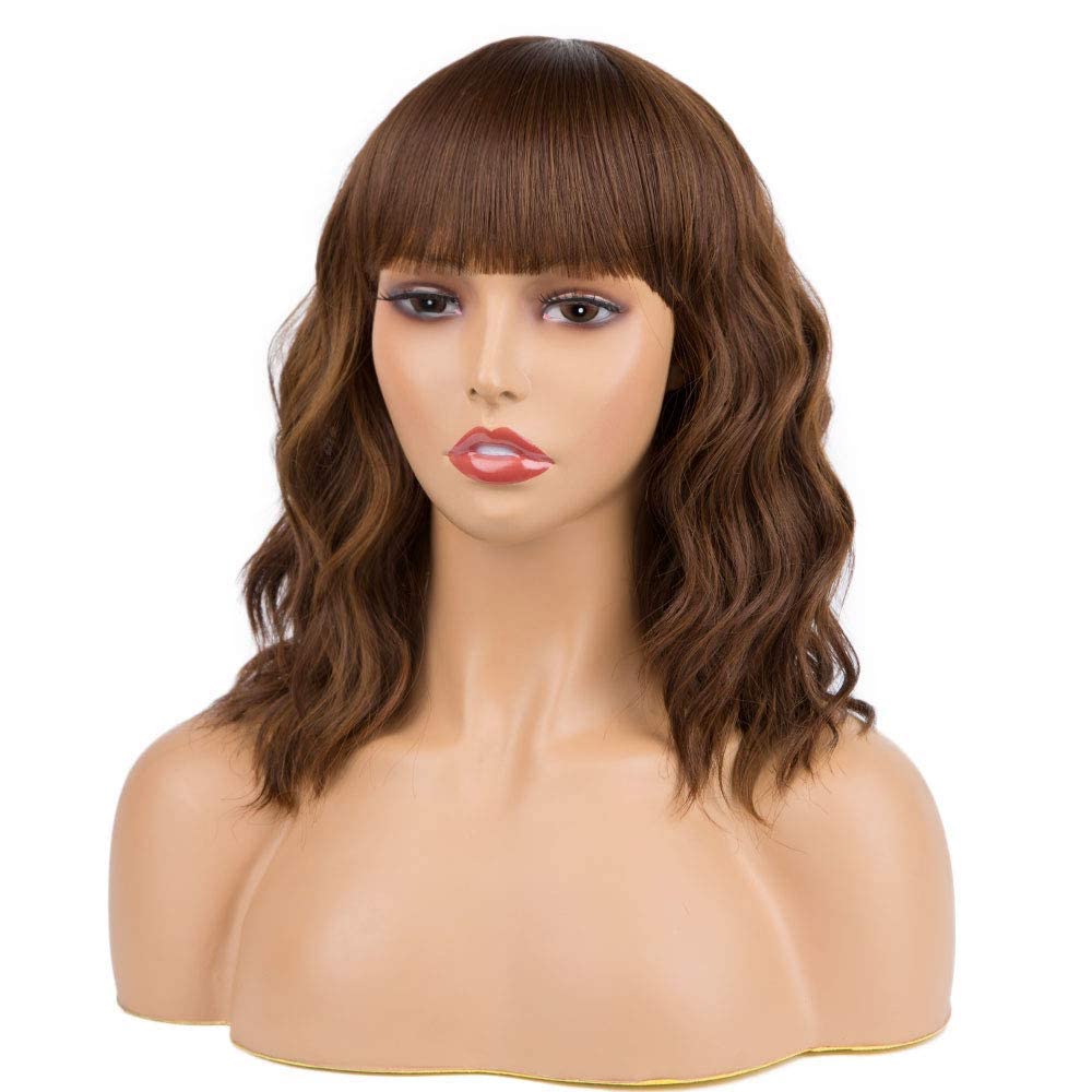 Black Mixed Brown Wig for Black Women Short Wavy Curly Bob Wig with Bangs
