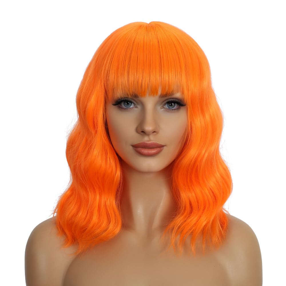Dark Purple Wigs with Bangs for Women 14 Inch Short Wavy Bob Wigs Synthetic Bob Wig Curly Wig Heat Resistant Colorful Wavy Wig Cosplay Wigs For Daily Party Halloween
