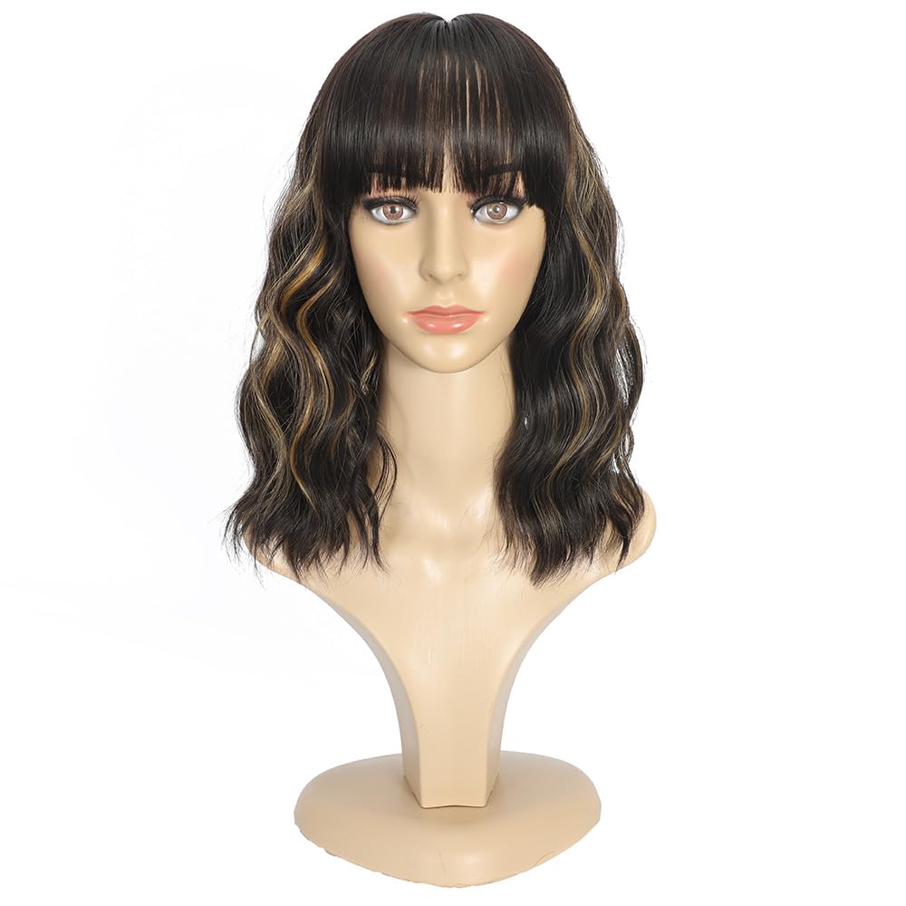 Black Mixed Brown Wig for Black Women Short Wavy Curly Bob Wig with Bangs