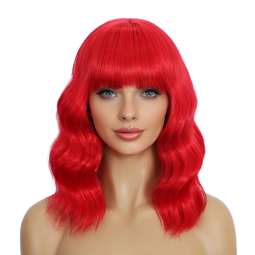 Dark Purple Wigs with Bangs for Women 14 Inch Short Wavy Bob Wigs Synthetic Bob Wig Curly Wig Heat Resistant Colorful Wavy Wig Cosplay Wigs For Daily Party Halloween