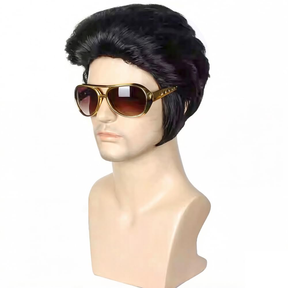 PORSMEER Mens Long Curly Rock N Roll Wig for Men Heavy Metal Rock Disco Hair for Rockstar, Halloween, Party, Retro Music Festival (Black)