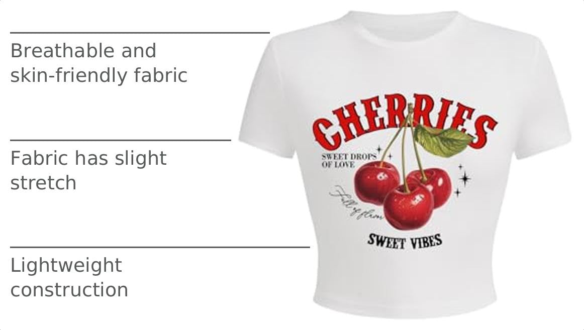 BEAUDRM Women's Y2k Cherry Letter Print T Shirts Summer Cute Graphic Tee