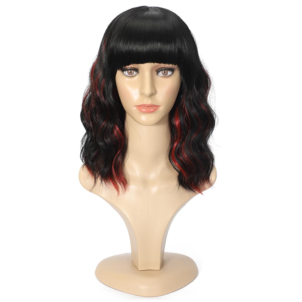 Black Mixed Brown Wig for Black Women Short Wavy Curly Bob Wig with Bangs