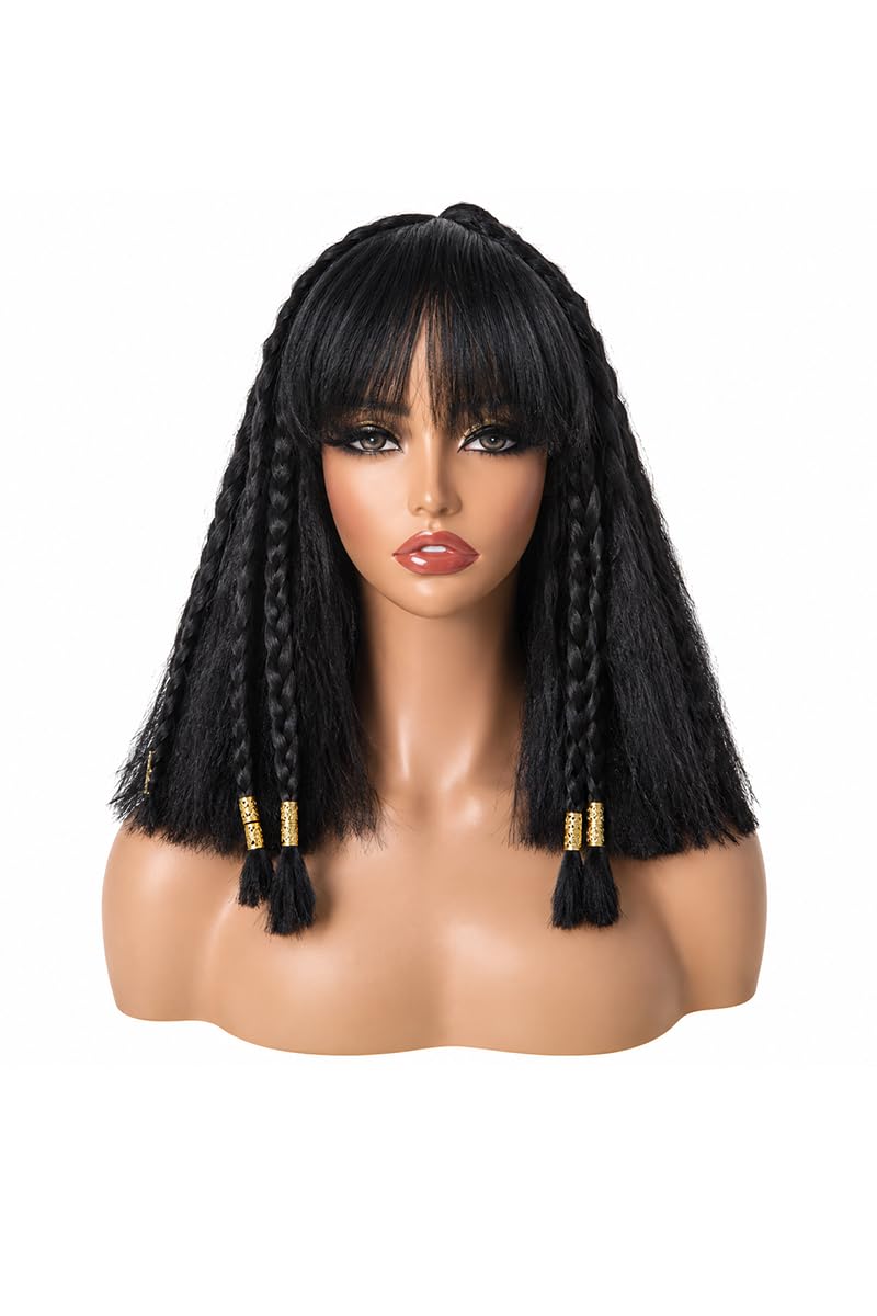 Short Wavy Wig with Bangs Black Mixed Brown Bob Curly Wigs for Women 14inch