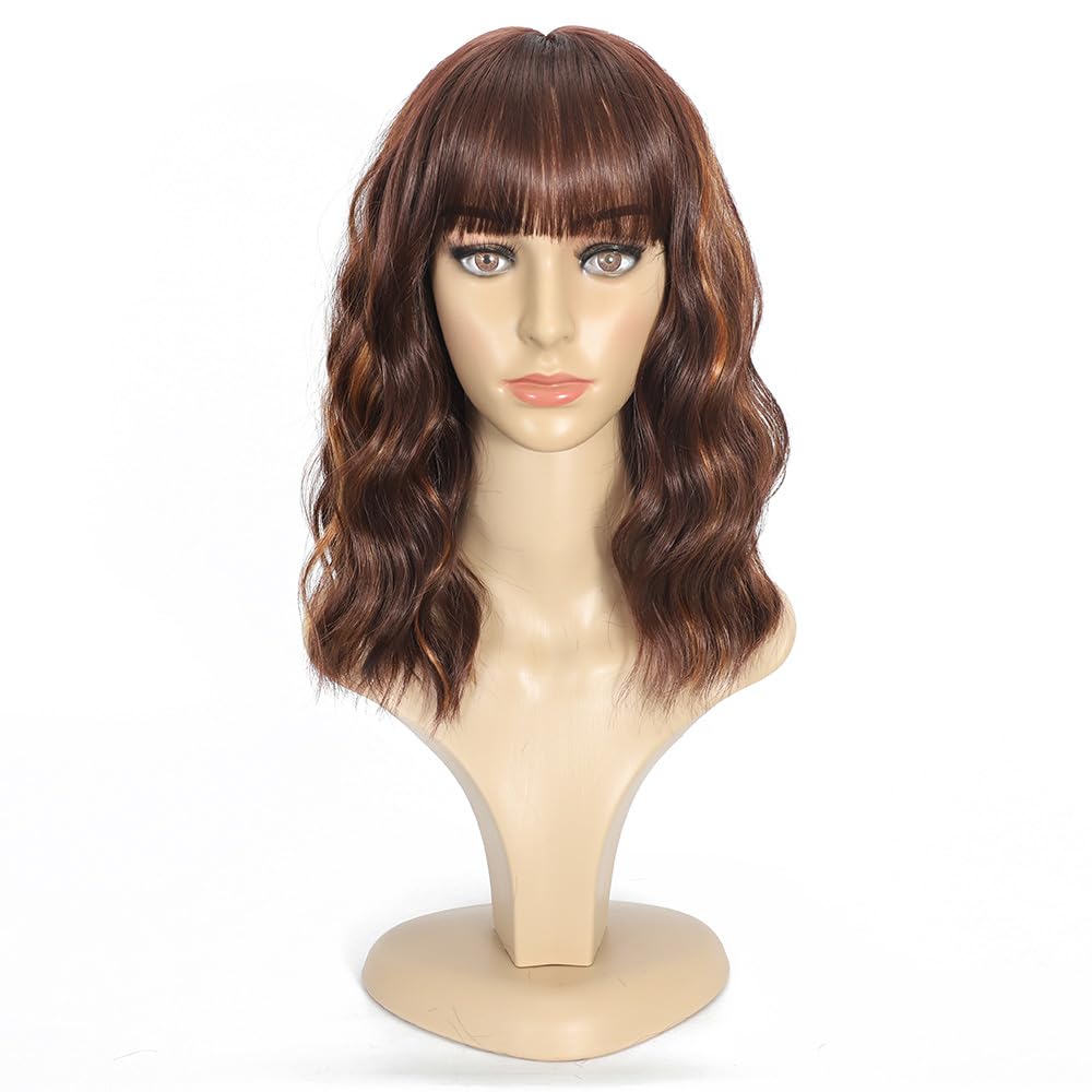 Black Mixed Brown Wig for Black Women Short Wavy Curly Bob Wig with Bangs
