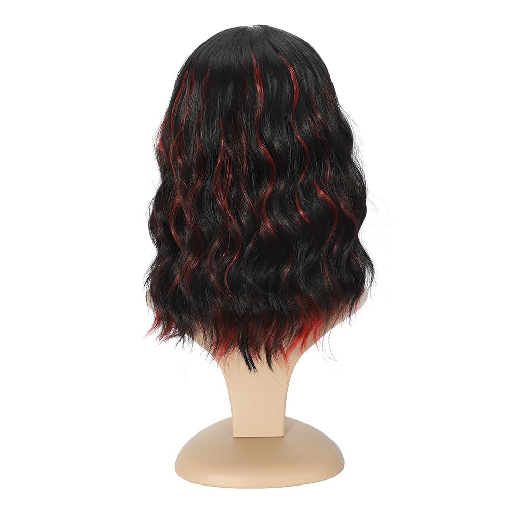 Black Mixed Brown Wig for Black Women Short Wavy Curly Bob Wig with Bangs