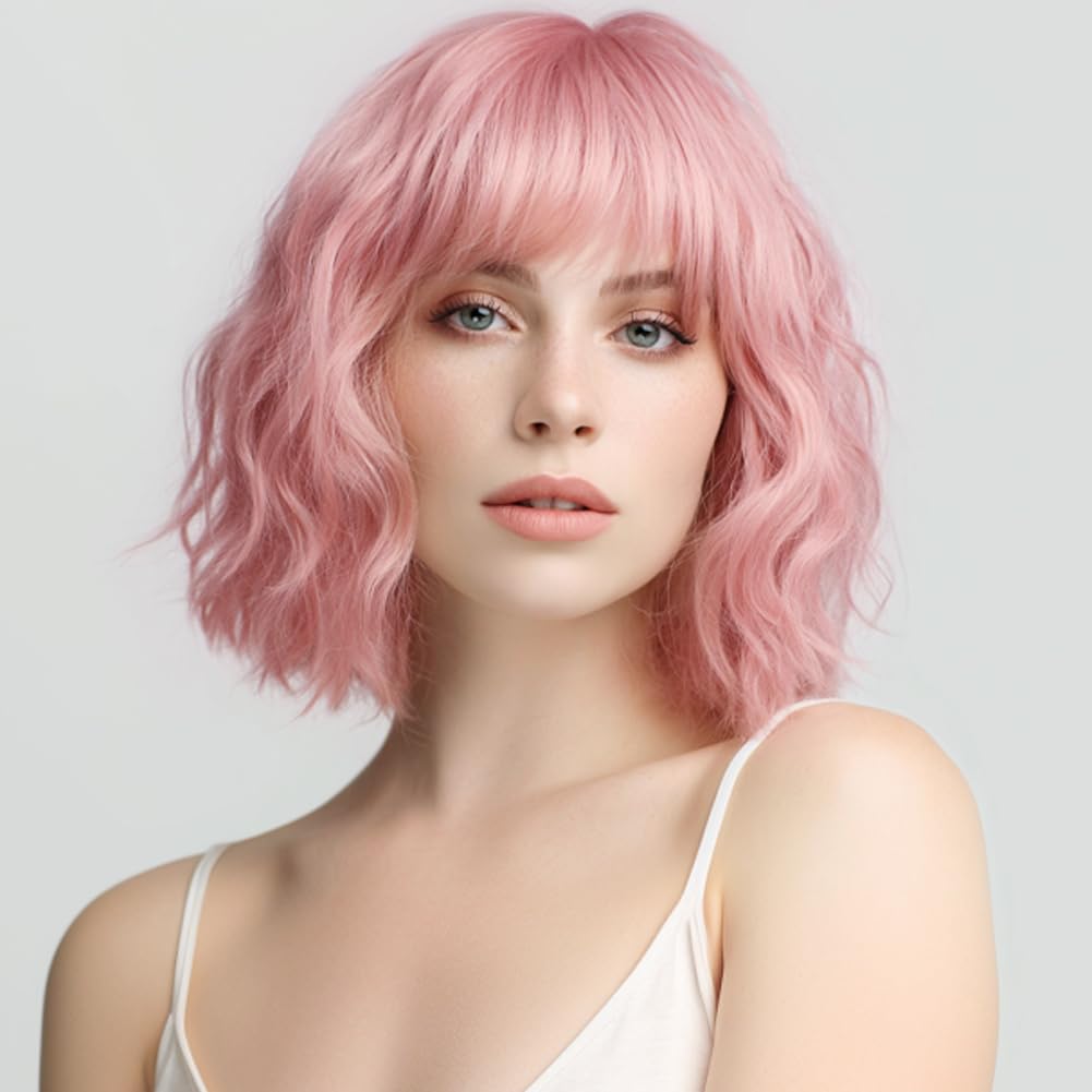 White Silver Wigs for Women Ombre Grey Wavy Bob Short Wigs with Bangs Medium Length Synthetic Hair Water Wave Dark Roots Wig Gray Colorful Wigs（14 Inches）