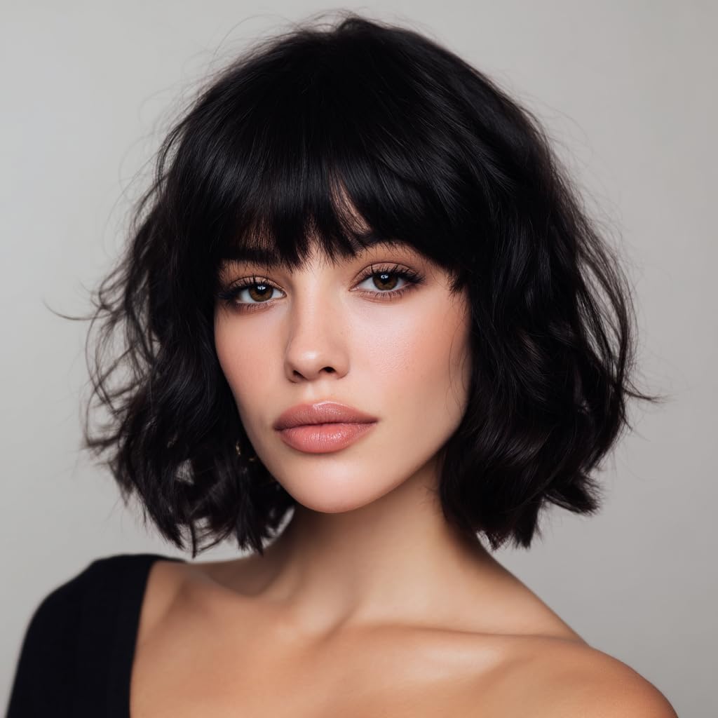 White Silver Wigs for Women Ombre Grey Wavy Bob Short Wigs with Bangs Medium Length Synthetic Hair Water Wave Dark Roots Wig Gray Colorful Wigs（14 Inches）