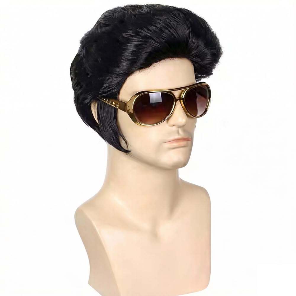 PORSMEER Mens Long Curly Rock N Roll Wig for Men Heavy Metal Rock Disco Hair for Rockstar, Halloween, Party, Retro Music Festival (Black)