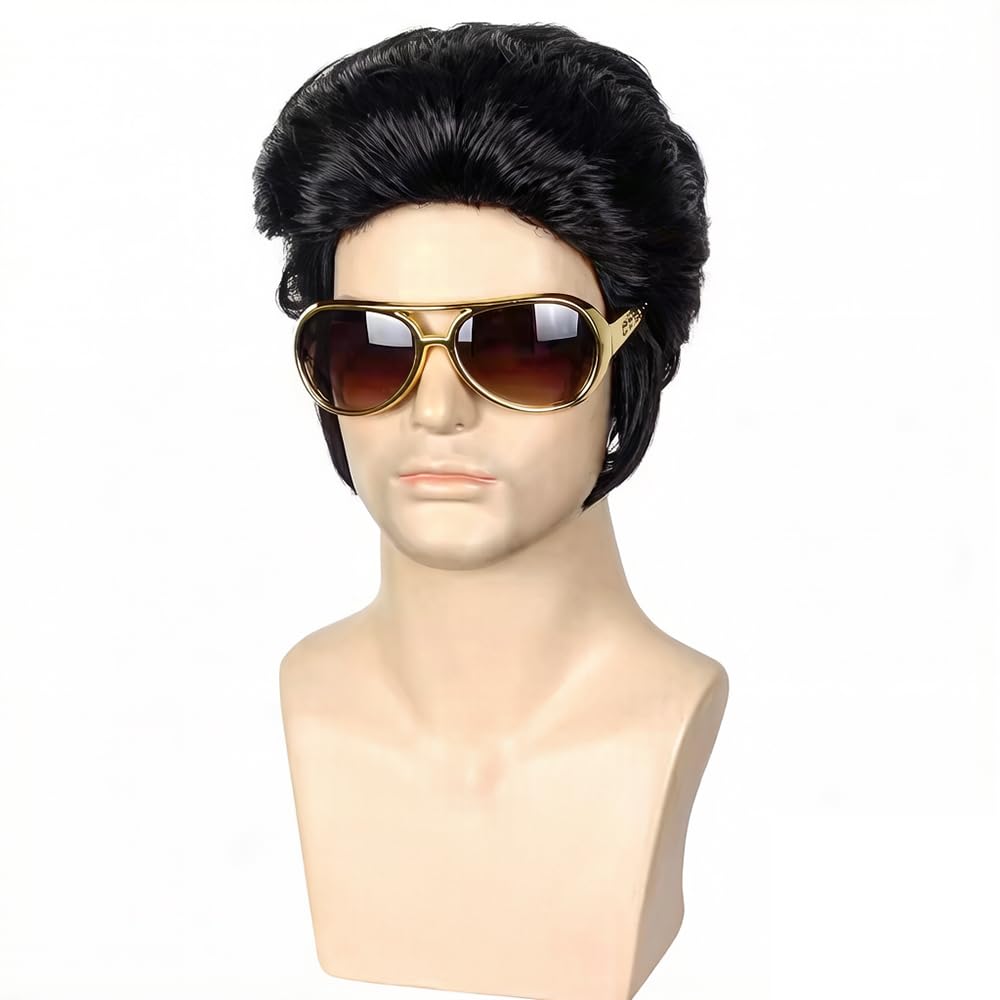 PORSMEER Mens Long Curly Rock N Roll Wig for Men Heavy Metal Rock Disco Hair for Rockstar, Halloween, Party, Retro Music Festival (Black)