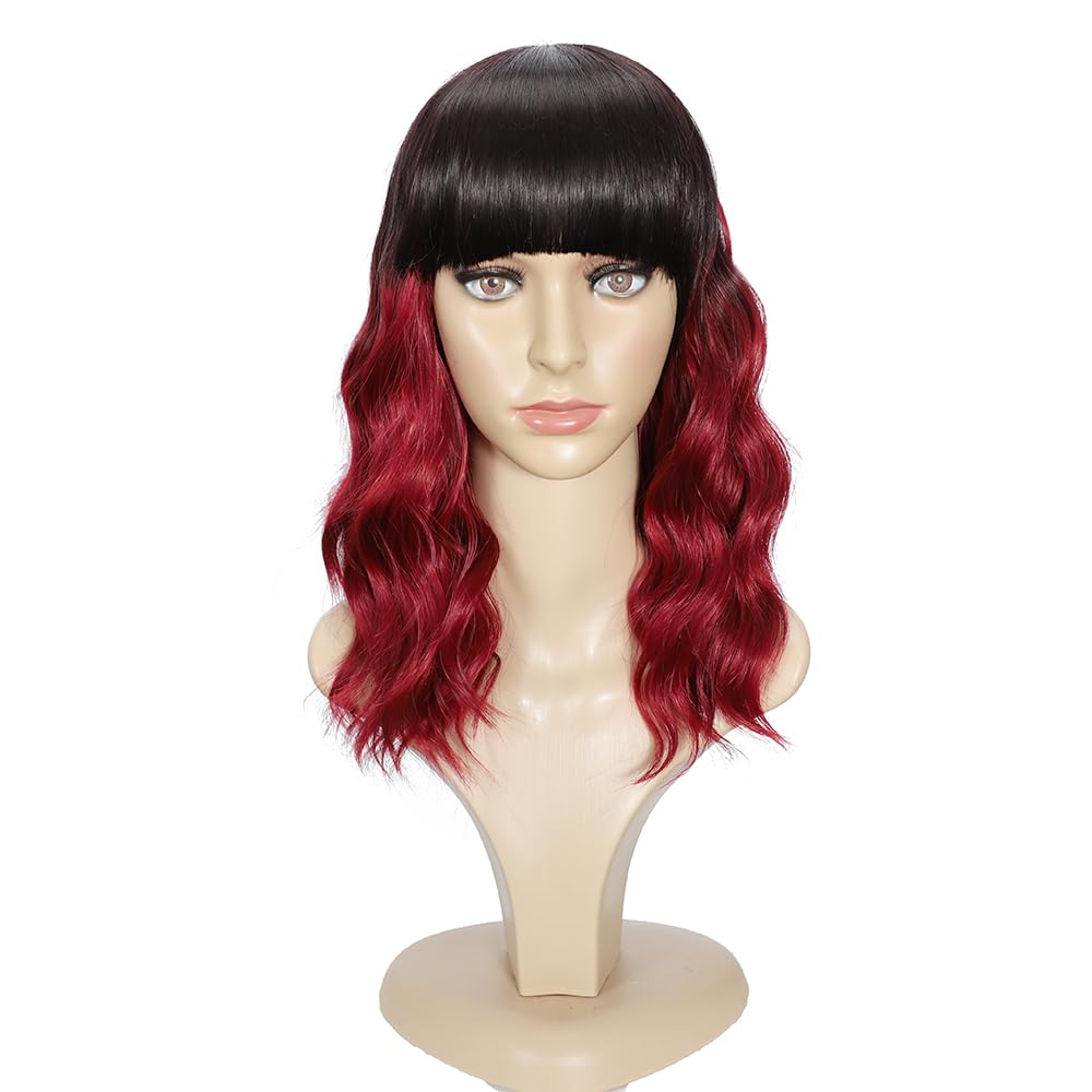 Black Mixed Brown Wig for Black Women Short Wavy Curly Bob Wig with Bangs