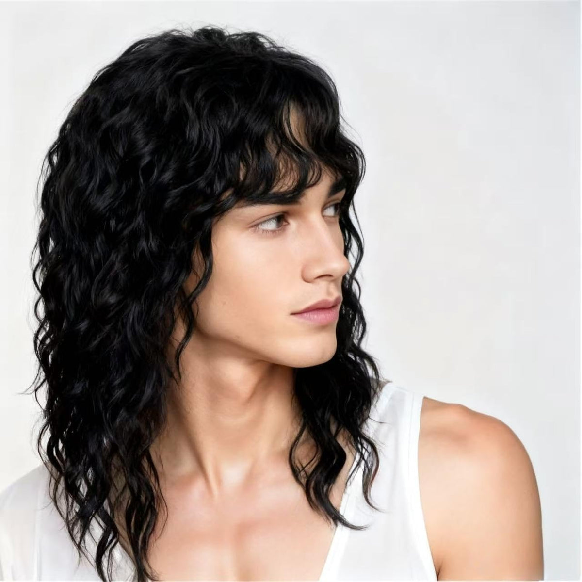 Mens Black Wig Long Curly Natural Hair Wig Layered Wavy for Daily Party Costume Cospaly Halloween