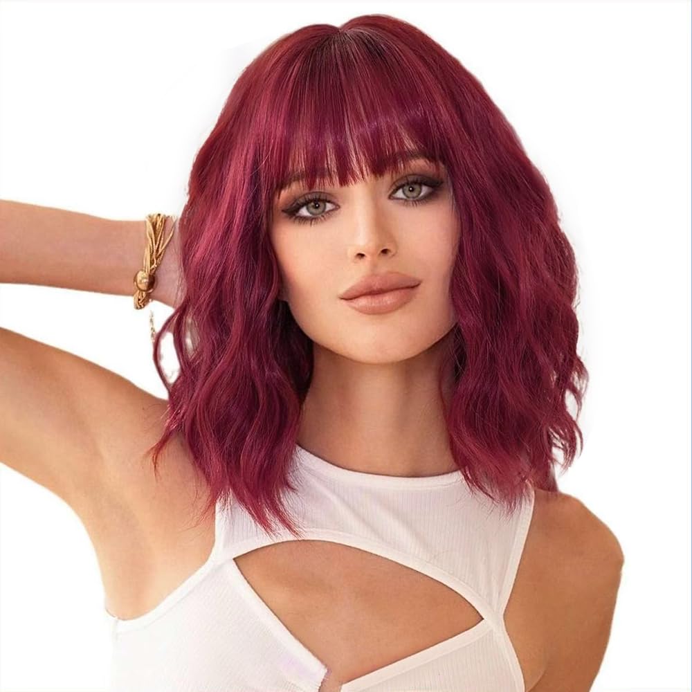 Black Mixed Brown Wig for Black Women Short Wavy Curly Bob Wig with Bangs
