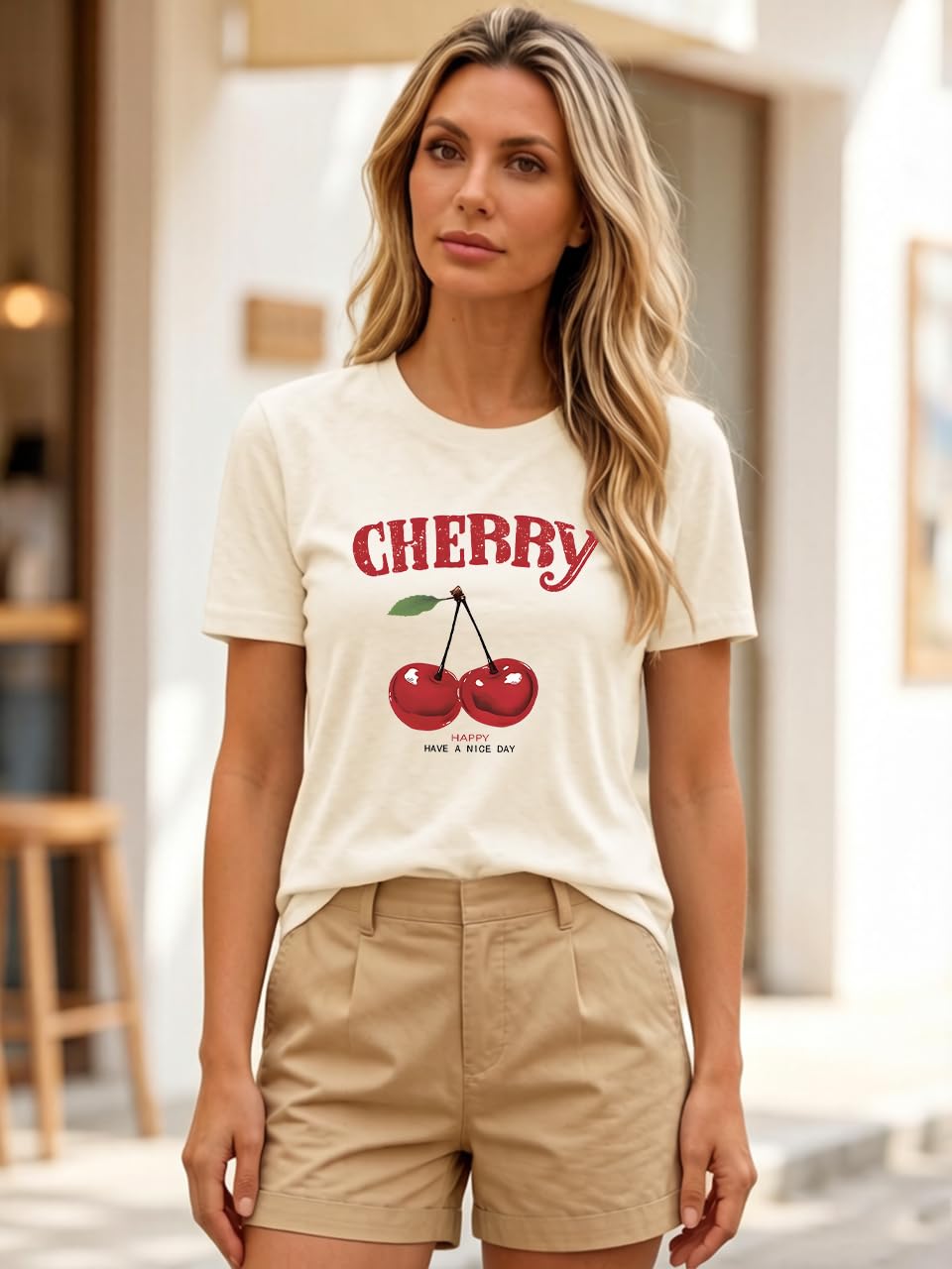 Cherry Graphic Tees Sweet Vibe Streetwear Shirt Short Sleeve Tops for Women