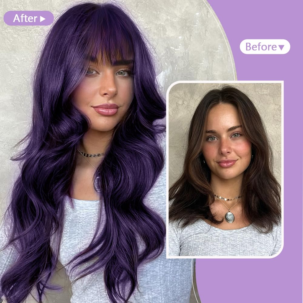 Black Wig with Bangs Long curly wavy Wigs for Women26In Synthetic Black Wig