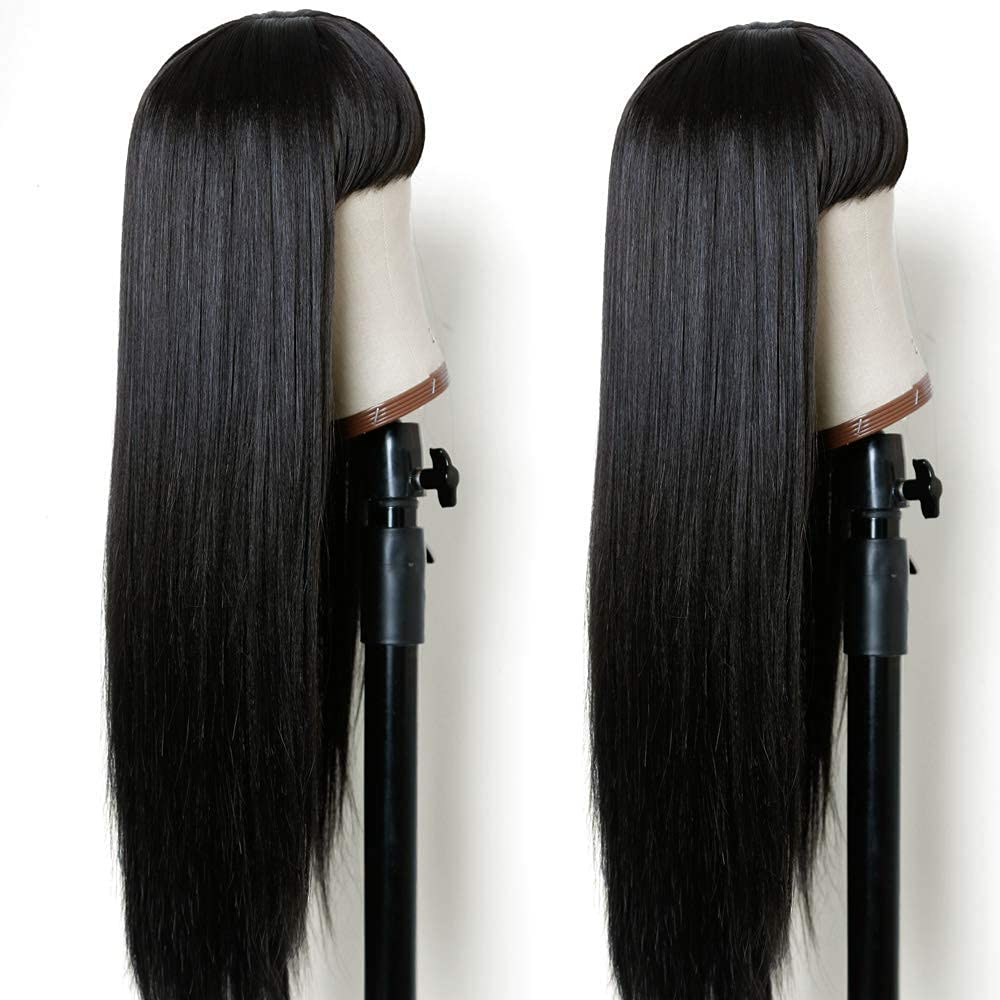Long Straight Remy Hair Wigs Natural Black Heat Resistant Fiber Hair Full Machine Wig with Bangs Cosplay Party Wig For Fashion Women (24 Inch)