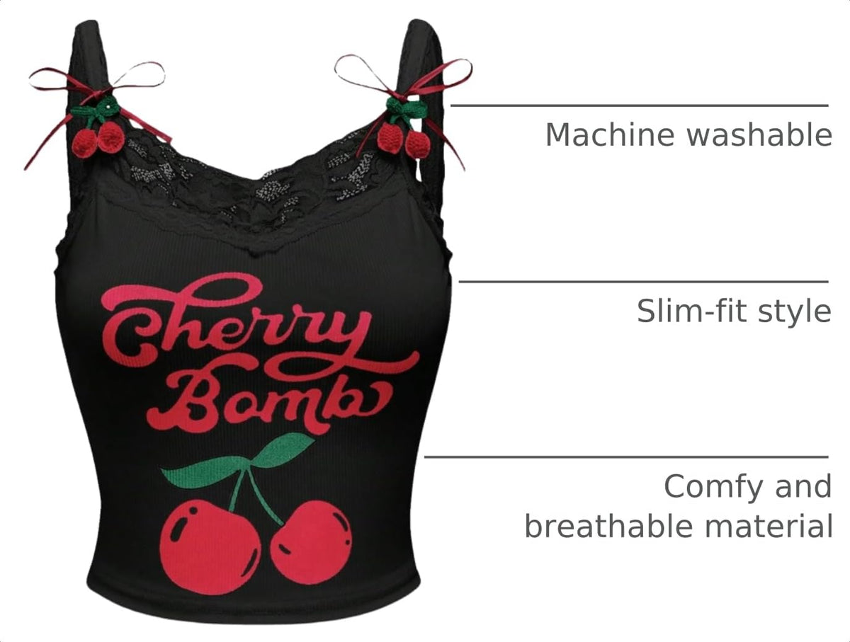 SHENHE Women's Lace Trim Cute Cherry Print Spaghetti Strap Kawaii Top
