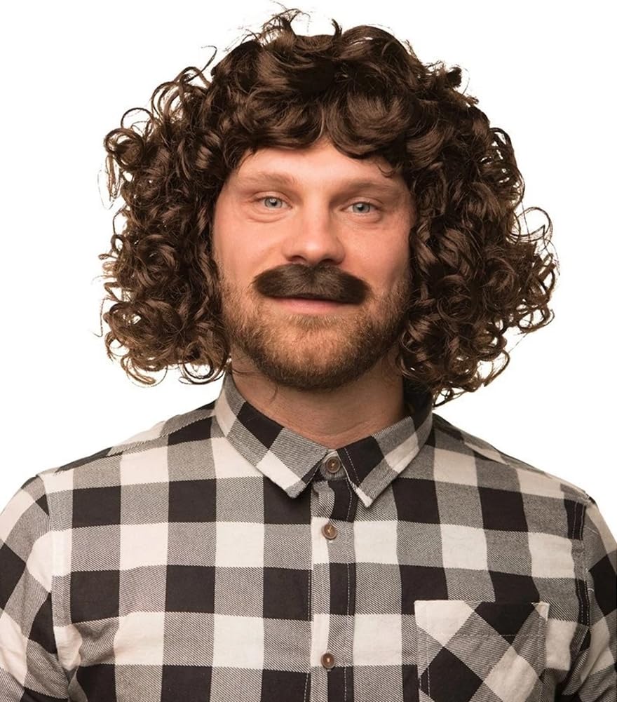 PORSMEER Mens Long Curly Rock N Roll Wig for Men Heavy Metal Rock Disco Hair for Rockstar, Halloween, Party, Retro Music Festival (Black)