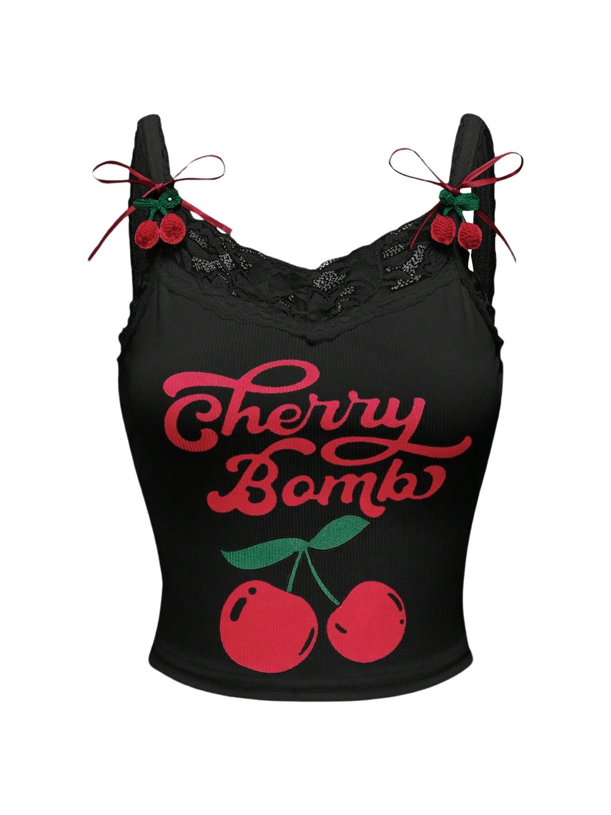 SHENHE Women's Lace Trim Cute Cherry Print Spaghetti Strap Kawaii Top