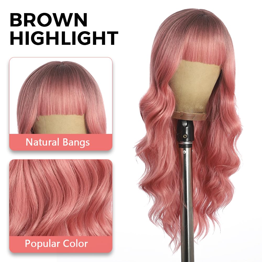 Black Wig with Bangs Long curly wavy Wigs for Women26In Synthetic Black Wig