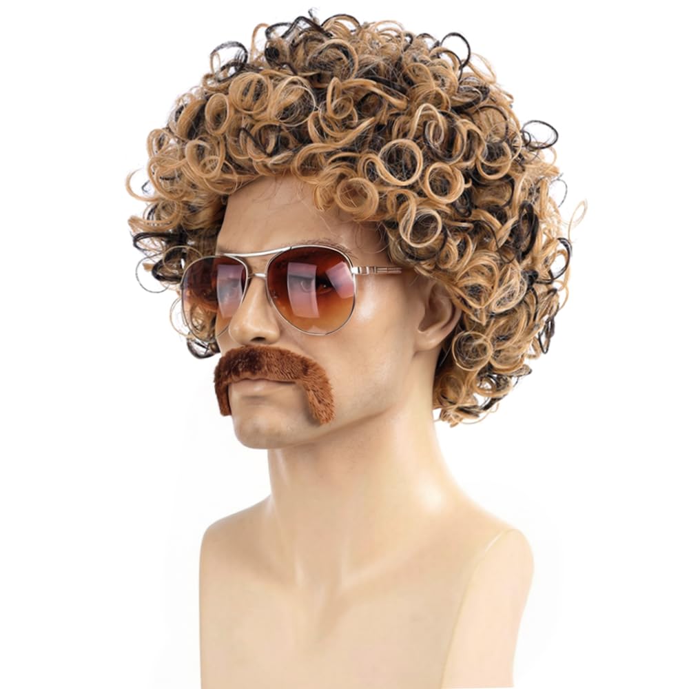 PORSMEER Mens Long Curly Rock N Roll Wig for Men Heavy Metal Rock Disco Hair for Rockstar, Halloween, Party, Retro Music Festival (Black)