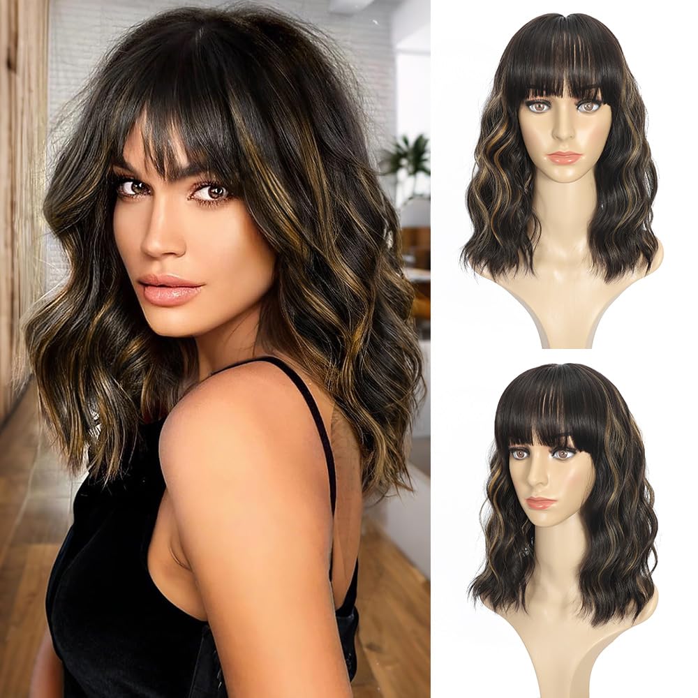 Black Mixed Brown Wig for Black Women Short Wavy Curly Bob Wig with Bangs