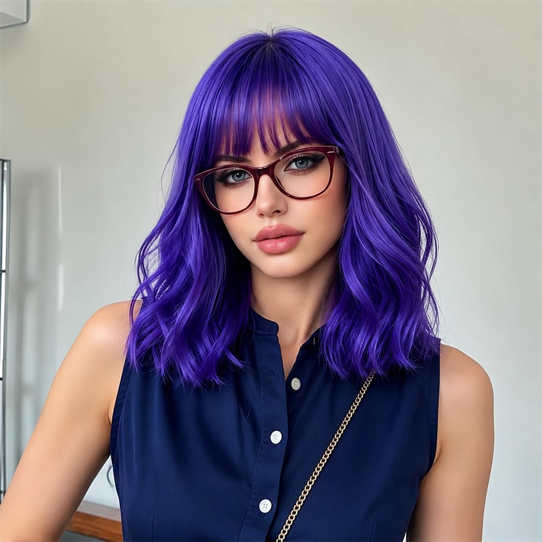 Sweetie Royal Blue Bob Wig Bangs – Wavy Synthetic Shoulder Length