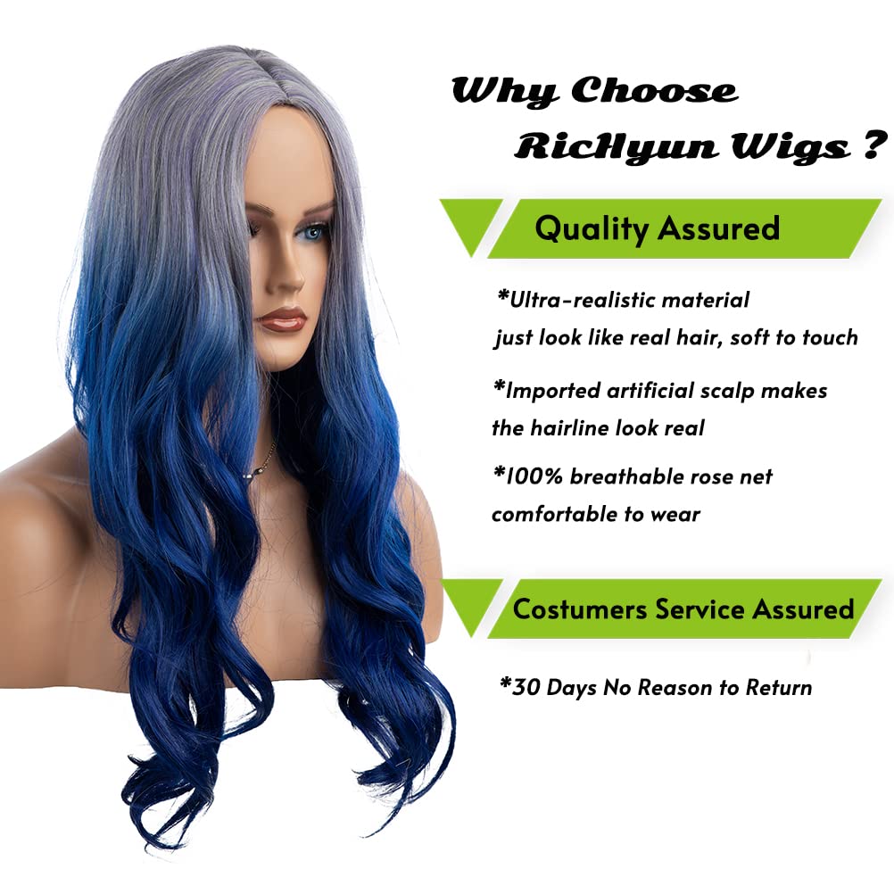 Long Curly Wavy Silver Grey to Purple Wig Side Part Natural Looking Synthetic Cosplay Wig for Women