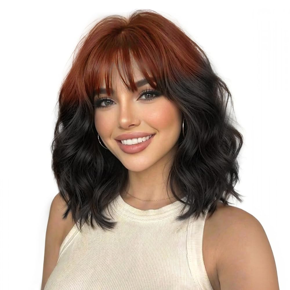Black Mixed Brown Wig for Black Women Short Wavy Curly Bob Wig with Bangs