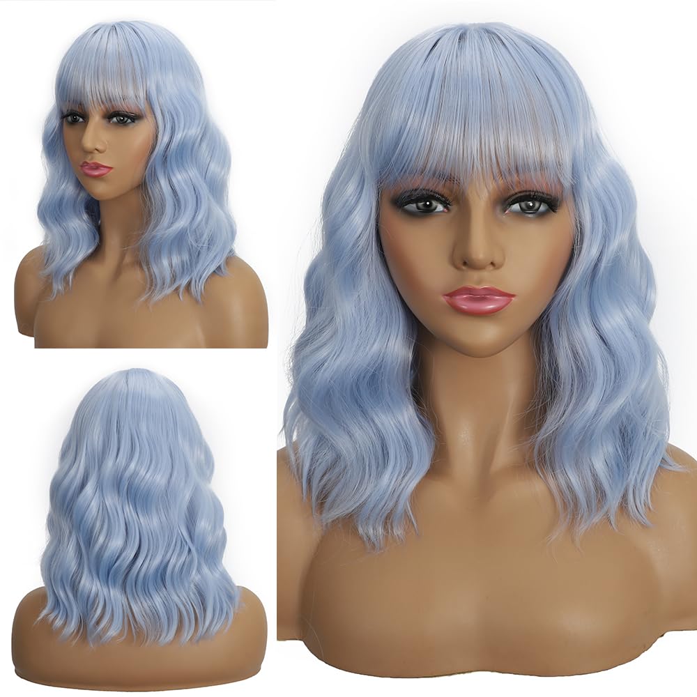 Dark Purple Wigs with Bangs for Women 14 Inch Short Wavy Bob Wigs Synthetic Bob Wig Curly Wig Heat Resistant Colorful Wavy Wig Cosplay Wigs For Daily Party Halloween