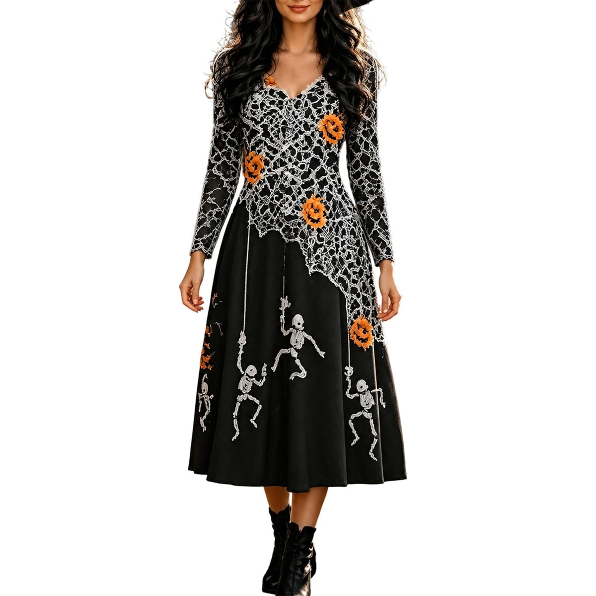 Halloween Dresses For Women V-Neck Skull Print Witch Costumes Gothic Dress