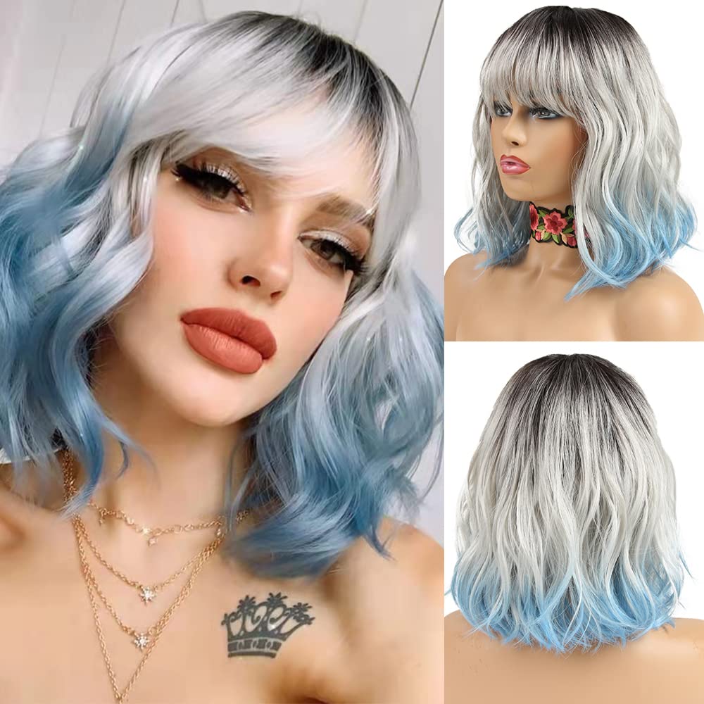 NOBLE Blue Wig with Bangs 12 Inches Short Bob Curly Wig Blue Wigs for Women Colorful Wavy Bob Wigs with Air Bangs Heat Resistant Synthetic Silver Blue Halloween Wigs for Cosplay Party