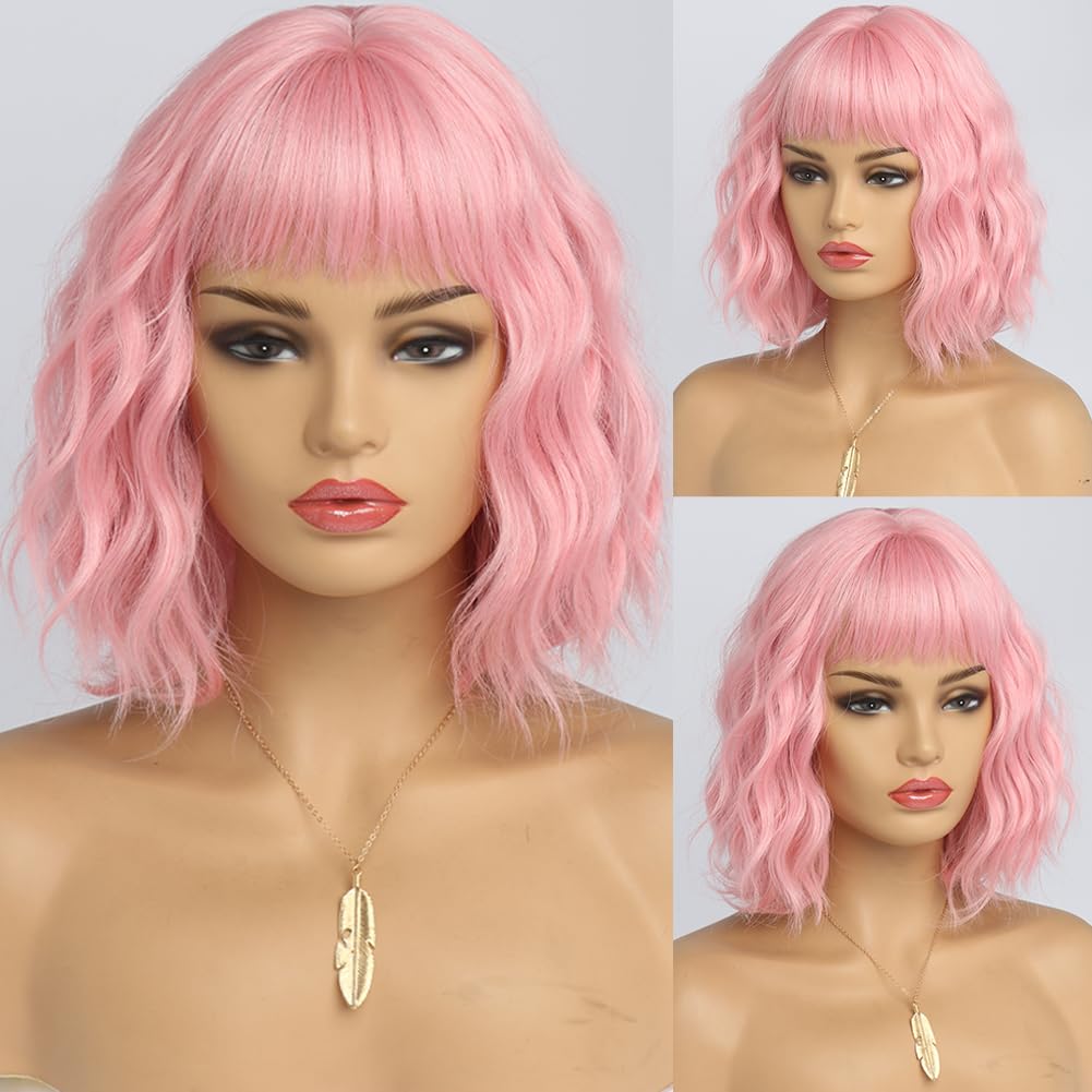White Silver Wigs for Women Ombre Grey Wavy Bob Short Wigs with Bangs Medium Length Synthetic Hair Water Wave Dark Roots Wig Gray Colorful Wigs（14 Inches）