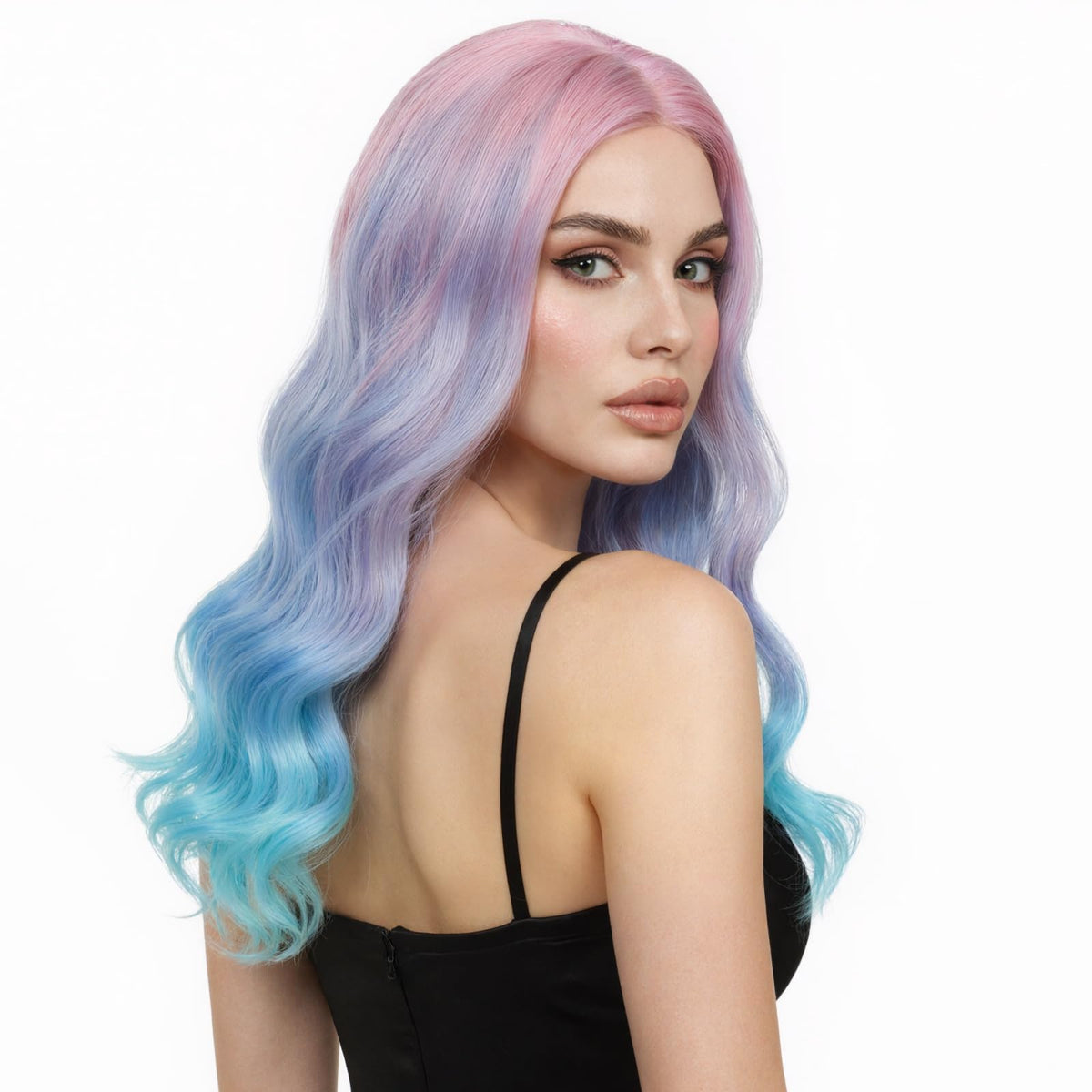 Long Pastel Wigs for Women Heat Resistant Hair Natural Wigs for Daily Cosplay Costume Party Carnival Purple-pink Gradient with Blue Highlights