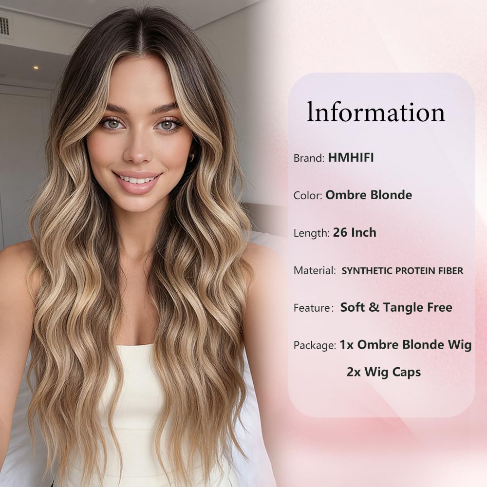 HMHIFI Blonde Wig for Women,26 Inch Long Wavy Curly Middle Part Hair