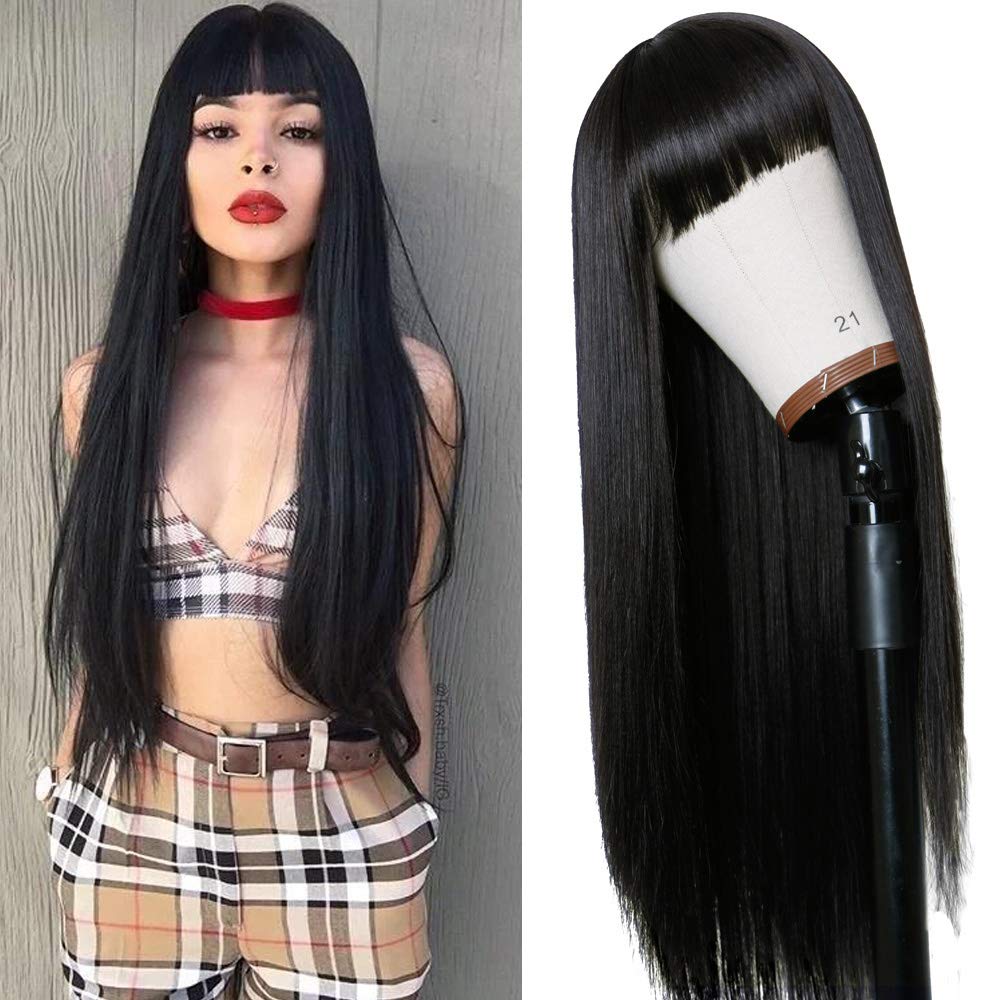 Long Straight Remy Hair Wigs Natural Black Heat Resistant Fiber Hair Full Machine Wig with Bangs Cosplay Party Wig For Fashion Women (24 Inch)