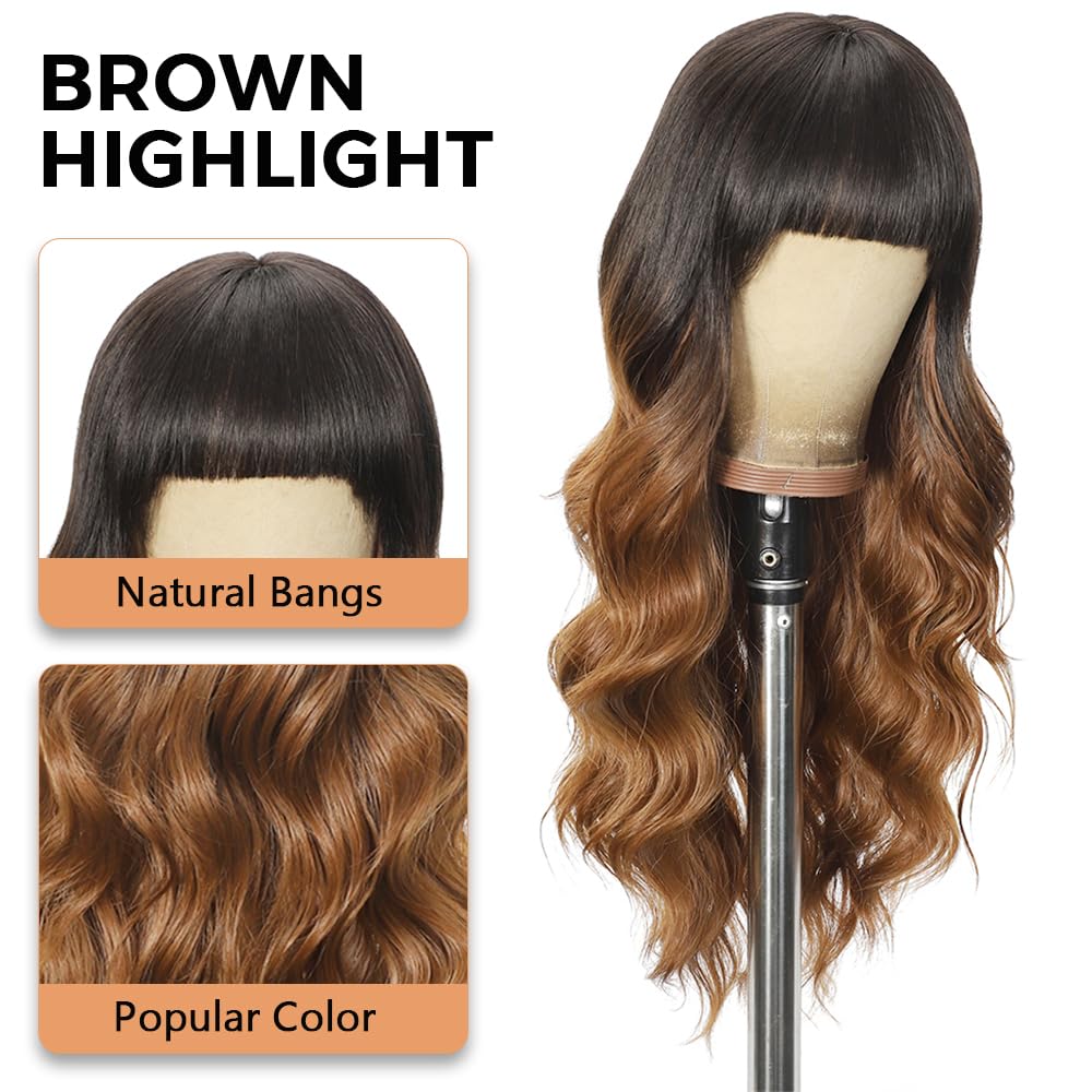 Black Wig with Bangs Long curly wavy Wigs for Women26In Synthetic Black Wig